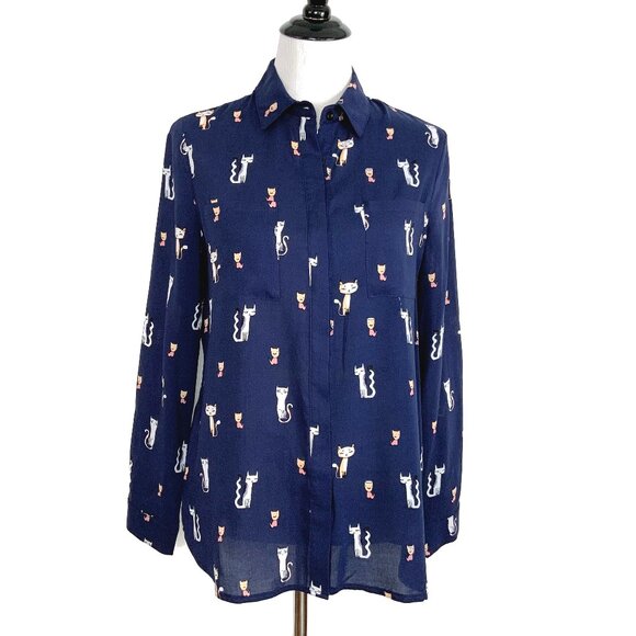 Tops - Whimsical Cat Print Navy Button Down Rayon/Viscose Shirt Blouse Sz M